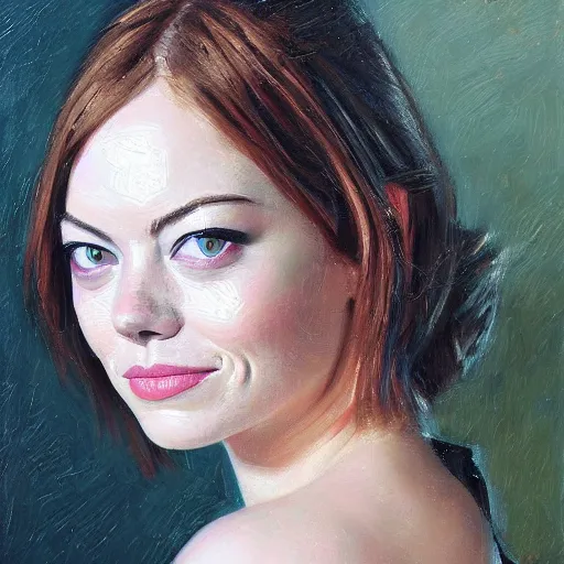 Image similar to emma stone, chthonic portrait, by shulzhenko, nikolay kopeykin, lozhkin, vdovenko, oil painting art