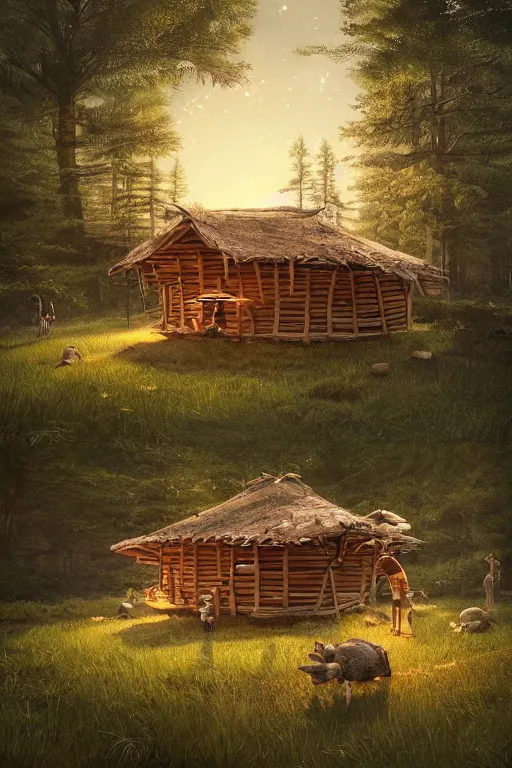 Image similar to an awesome twilight day concept art of old hut standing at giant hen's legs instead of piles, by kengo kuma and wes anderson with village, mixed development, cgsociety, fantastic realism, artstation hq