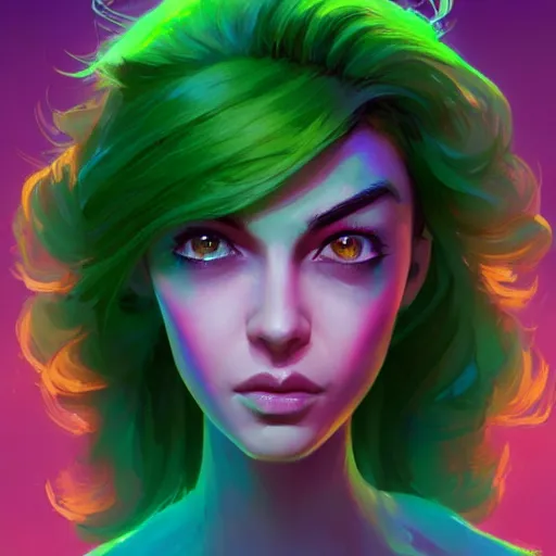 Image similar to beautiful woman with glowing green hair, portrait, maya ali mage, gloomhaven, dynamic lighting, gaudy colors, octane render aesthetic, matte painting concept art, official fanart behance hd artstation by jesper ejsing, by rhads and makoto shinkai and lois van baarle and ilya kuvshinov and rossdraws
