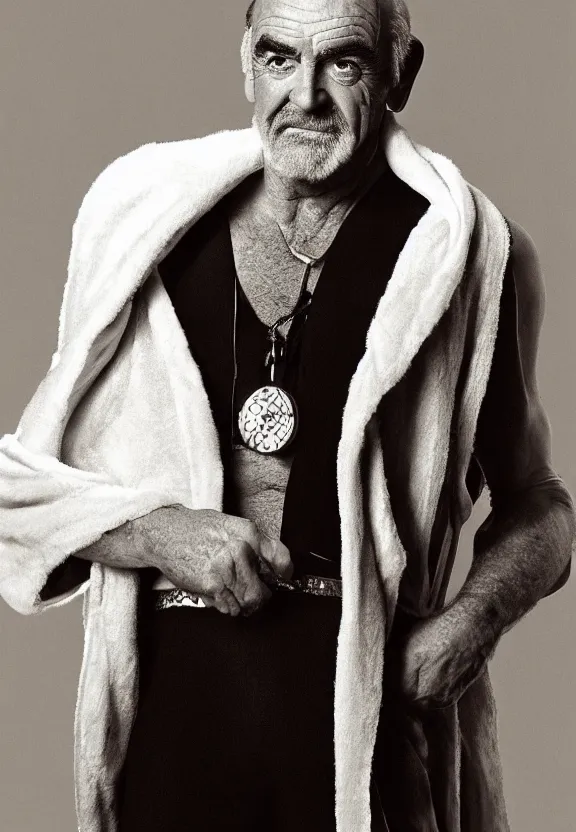 Image similar to The full figure studio portrait is of the actor sean connery. His skin is pale and wrinkled, his eyes are red rimmed and sunken. He is wearing the robes of the imperial emperor from star wars above the red leather mankini from the film zardoz and He has a thick black moustache and a long plait of hair. by Mark Mann and Steve McCurry. Nikon D850. Sigma 85mm F1.4 DG HSM A. Aperture f/3.5. Shutter speed 1/60. ISO 1600