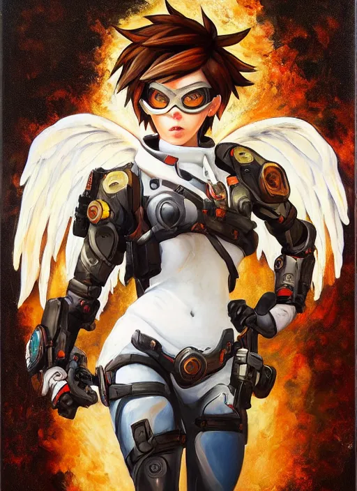 Image similar to full body oil painting of tracer overwatch in the style of sophie anderson, angel wings, dress garment, dramatic painting, wearing steel collar, symmetrical composition, ornate, high detail,