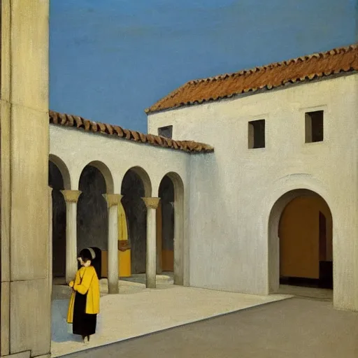 Image similar to in the distance, a little girl with short black hair and wearing a yellow coat alone in the inner courtyard of a cloister in an abbey, the light is bright and wintry, painting by hopper and de chirico