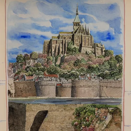 Prompt: watercolour painting of mont - saint - michel by john blanche, michael kirkbride, high detail, very intricate, vertcial lines, watercolour on paper, ink outlines