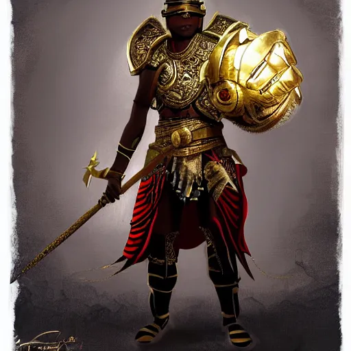 Prompt: a young black boy dressed like an african moorish warrior in gold armor and a crown with a ruby, and a glowing weapon, charging through a dragons lair, for honor character digital illustration portrait design, by adi granov in a cyberpunk style, dramatic lighting, wide angle dynamic portrait