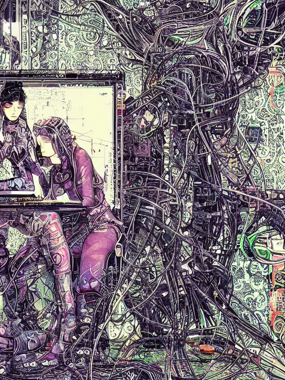 Image similar to a cyberpunk style illustration of two veiled female android queens kneel and pray with lots of complex mess of cables and wires behind them connected to giant computer,bowknot, fine lace, GUCCI, glittering, jewel embellishment, film lighting, by shibashake,Cedric Peyravernay,marie spartali Stillman,William Morris,Dan Mumford, trending on atrstation, full of color, mythological, high detailed,golden ratio,cinematic lighting