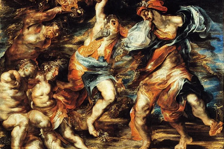 Prompt: Prometeus gifting art to humankind by Rubens and Delacroix, oil painting, glitch art