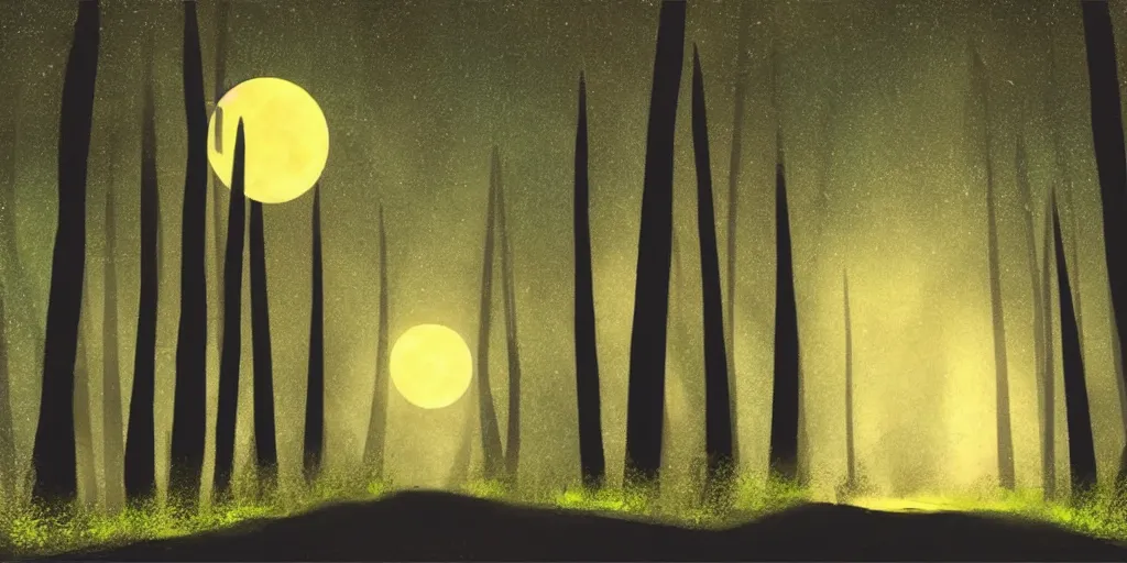 Prompt: night, road between tall trees, dense forest, dark night, moon, in style of disney cartoon