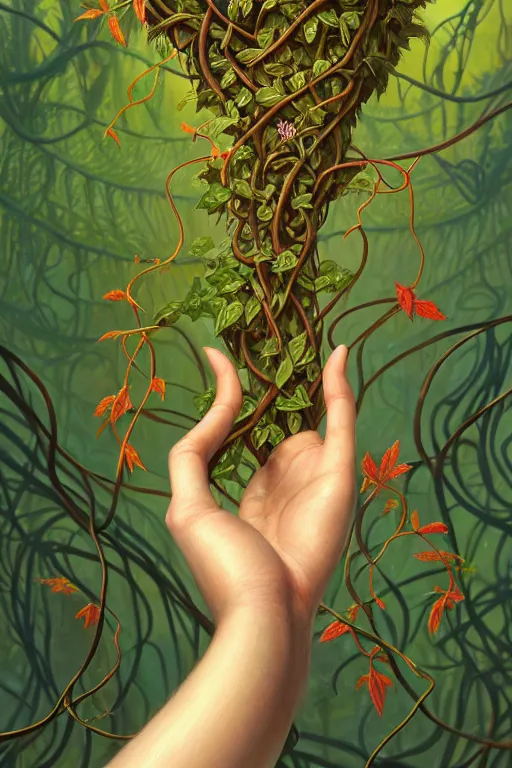 Image similar to a detailed painting of a human hand made of plants and vines and leaf, horror, highly detailed, digital painting, trending on artstation, smooth, sharp focus, illustration, art by greg rutkowski, loish, rhads, makoto shinkai and lois van baarle, ilya kuvshinov, rossdraws