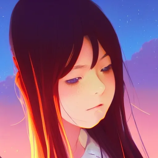 Prompt: a beautiful girl with long dark hair, sitting alone on a train, sunset, sharp focus, intricate, digital painting, artstation, official media, anime key visual, highly detailed, rich vivid colors, ambient lighting, illustration, art by Artgerm, Makoto Shinkai, Ilya Kuvshinov, Lois Van Baarle, and Rossdraws