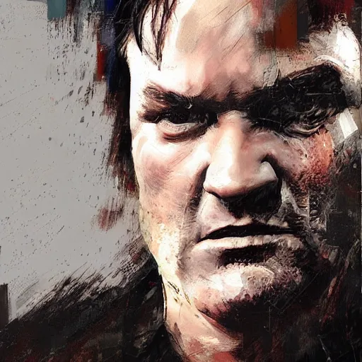 Image similar to A realistic hyperdetailed wide-shot digital oil portrait painting of an quentin tarantino in the style of Guy Denning, Ruan Jia, and Craig Mullins. Trending on ArtStation, DeviantArt, and Instagram. CGSociety Digital art. quentin tarantino.