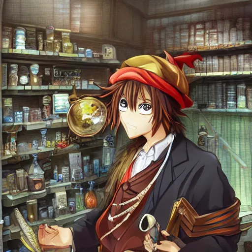 Prompt: Anime artwork of Anthropomorphized parrot trader in his shop, shelves full, selling a gem, portrait, items, magic potions, carpet, window, fancy funny hat, sly expression , cunning expression, cute expression, presenting magic gem, D&D, fantasy, cinematic lighting, highly detailed, digital painting, artstation, concept art, smooth, sharp focus, illustration, warm light, cozy warm tint, magic the gathering artwork, volumetric lighting, 8k, no gold, no gold colours, art by Akihiko Yoshida and Greg Rutkowski