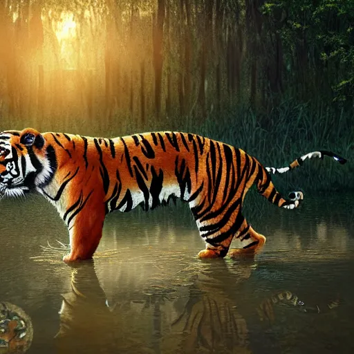 Image similar to bipedal tiger in a bandit costume standing in swamp water gazing at the sunset, fantasy, cinematic, studio ghibli, wide shot, dramatic lighting, dynamic, ultra realistic, ultra detailed, 8 k, thin line work, trending on artstation