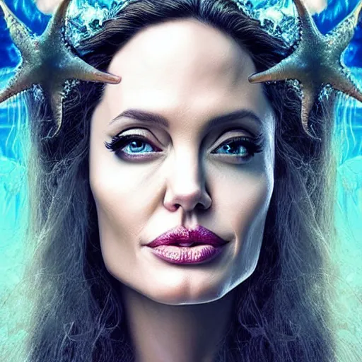 Image similar to “ angelina jolie portrait, fantasy, mermaid, hyperrealistic, game character, underwater,, highly detailed, cinematic lighting, pearls, glowing hair, shells, gills, crown, water, highlights, starfish, goddess, jewelry, realistic, digital art, pastel, magic, fiction, ocean, queen, colorful hair, sparkly eyes, fish, heroic, waves, bubbles ”