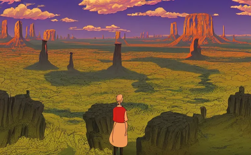 Image similar to a hyperrealist cell - shaded cartoon movie still from howl's moving castle ( 2 0 0 4 ) of a city in a flooded monument valley. rainforest stonehenge is seen in the background with shafts of sunlight from above. very dull muted colors, hd, 4 k, hq