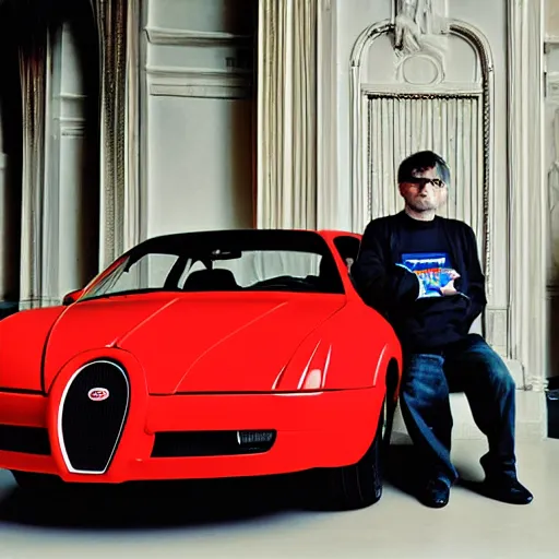 Image similar to steve albini in a bugatti, portrait, by martin parr