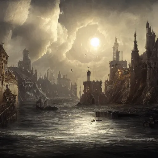Prompt: medieval city floating above a sea in the moonlight with some puffs of clouds with a dark and gloomy theme, ultra fine detail, concept art, matte painting