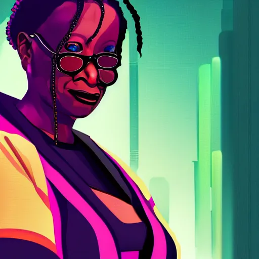 Image similar to cyberpunk robotic whoopi goldberg, sharp lines, digital, artstation, colored in