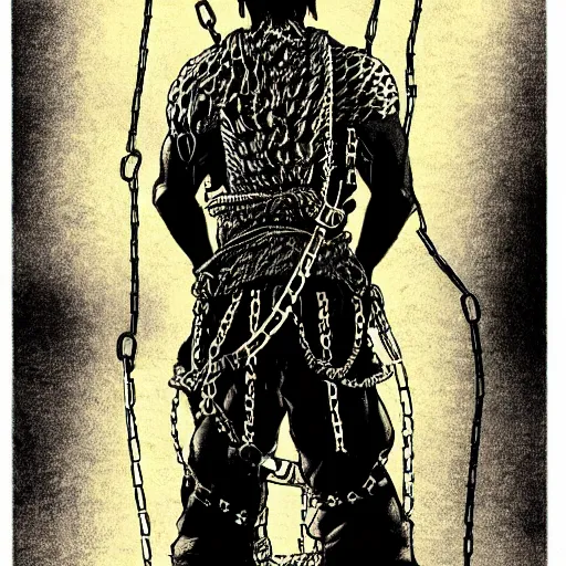 Image similar to A FULL BODY PORTRAIT FROM BEHIND OF TAKEZO VAGABOND ,THE MAN KEEPS A KUSARIGAMA AND IT IS WRAPPED IN CHAINS ,detailed, concept art, ink style , sketch