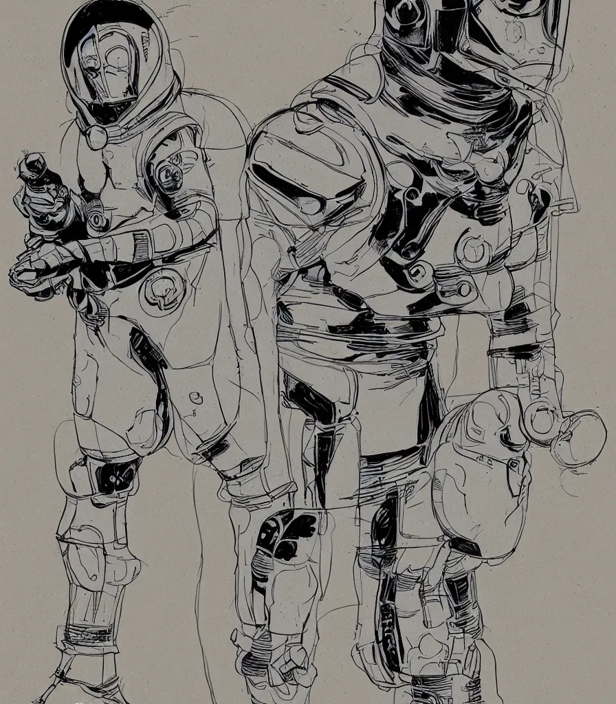 Image similar to male, heroic figure, space suit with a modern helmet, character sheet, science fiction, sketch, very stylized, digital art, illustration on kraft paper, shaded pen and ink, digital painting, by mike mignola, by alex maleev