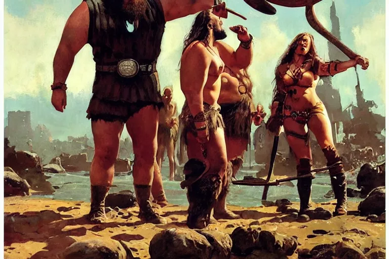 Prompt: braun strowman as a huge viking is offered a drink by a slim young lady, painted by phil hale and rick berry and dean cornwell and norman rockwell and jack kirby and tom lovell and jeremy mann