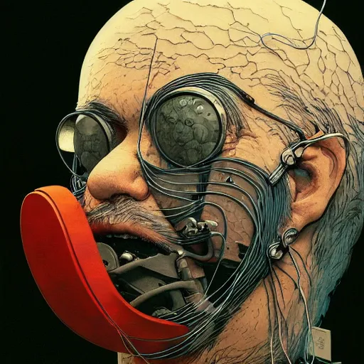 Image similar to old man with mask and wires, soft light painted by james jean and katsuhiro otomo and erik jones, inspired by akira anime, smooth face feature, intricate oil painting, high detail illustration, sharp high detail, manga and anime 1 9 9 9