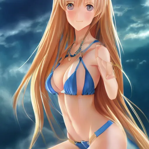 Image similar to a very beautiful mature yuuki asuna, full body, long wavy blond hair, sky blue eyes, full round face, bikini, miniskirt, front view, mid - shot, highly detailed, cinematic wallpaper by stanley artgerm lau