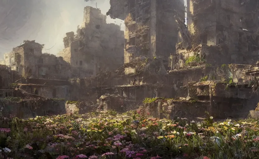 Image similar to a flower grows against the background of a ruined city, painting by Craig Mullins, octane rendering, soft morning lighting, wide angle lens, in the style of Hayao Miyazaki, trending on artstation,