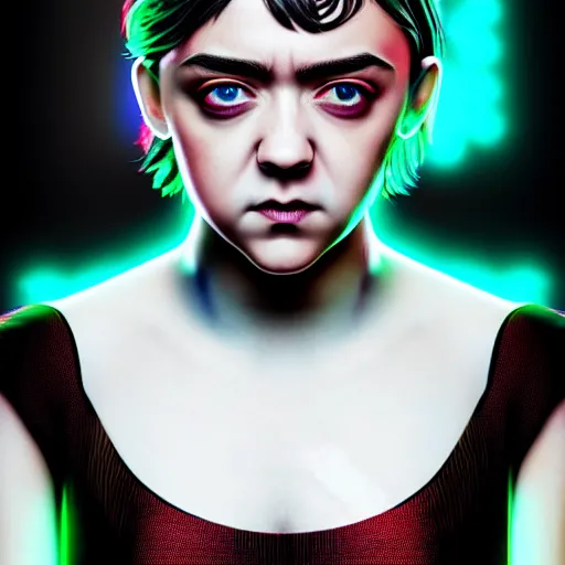 Prompt: Maisie Williams, neon glowing veins on face, cyberpunk background, straight hairstyle, white eyes, blonde hair, realistic render, short hair, unreal engine render, Icaro Carvalho