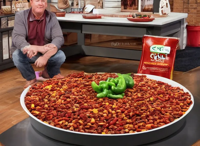 Image similar to qvc tv show product showcase pile of nasty chili spilled on the floor, chunky sloppy fat men no shirts slipping in chili on the floor, wet, studio, 3 payments of $ 2 4 limited time offer, call now, extremely detailed, portraits, 4 k, hd