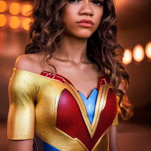 Prompt: Zendaya as wonder woman, EOS-1D, f/1.4, ISO 200, 1/160s, 8K, RAW, symmetrical balance, in-frame, Dolby Vision