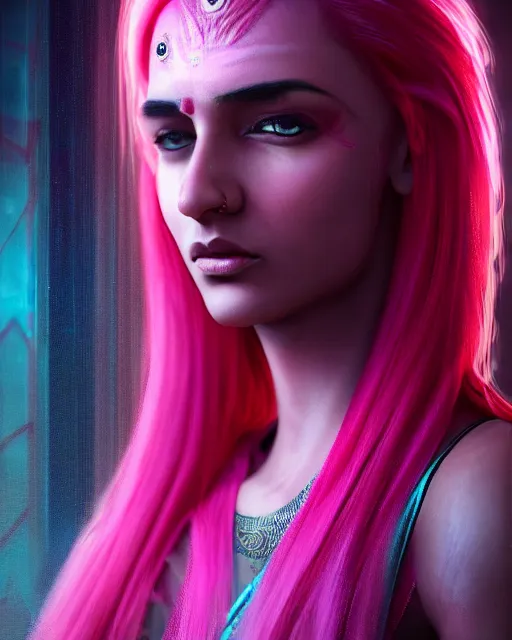 Image similar to portrait of a beautiful indian woman with pink hair as a cyberpunk cyborg half robot, sci - fi, missing panels, intricate abstract upper body intricate artwork, concept art, octane render, deviantart, cinematic, key art, hyperrealism, iridescent accents, portrait photograph, nikon 3 5 mm, photograph by greg rutkowski