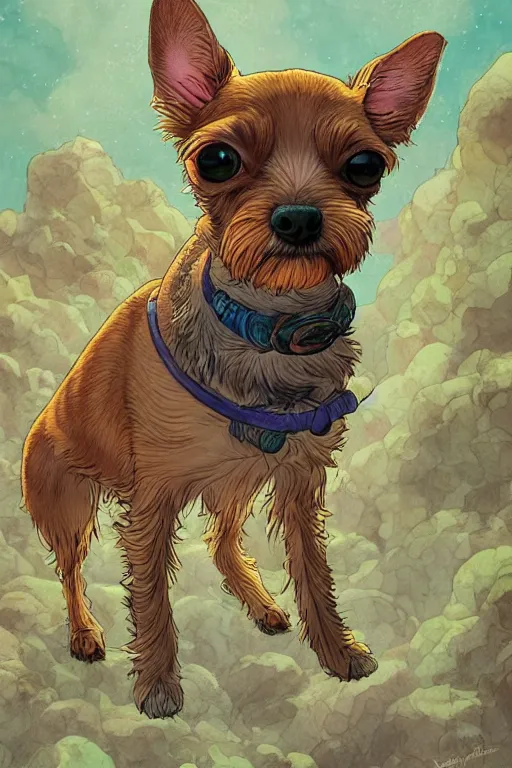 Image similar to a beautiful hyperdetailed illustration of tan chihuahua schnauzer mix, big mustache, mangy, cute, perfectly shaded, atmospheric lighting, style of studio ghibli, makoto shinkai, raphael lacoste, louis comfort tiffany, artgerm, james jean, victo ngai, ross tran, chinese style