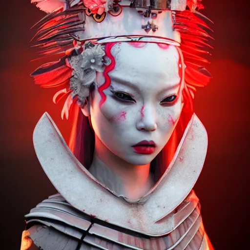 Prompt: albino geisha warrior ornated armor war paint in the woods, detailed, smokey background, jewelry, sakura,photograph, award wining, red and white, trending on artstation, punk attitude, 4k, unreal engine 5, octane render, neon highlights