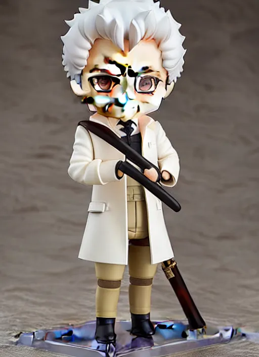 Prompt: nendoroid aziraphale from good omens, holding flame sword, good omens tv series, white curly short hair, beige suit, long coat, khaki tartan vest, michael sheen