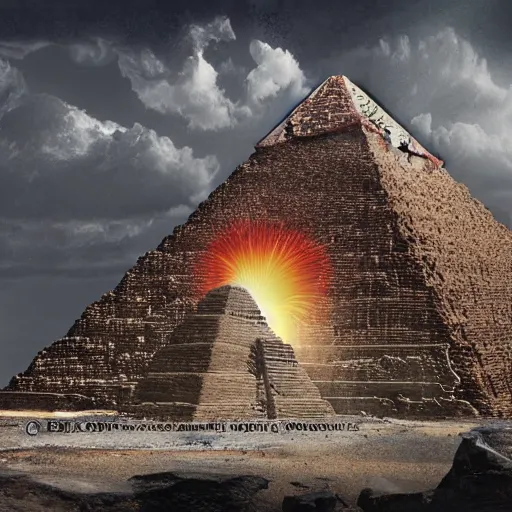 Image similar to Helios muscular god, red fire eyes, guarding the pyramid of Cheops, dessert, ancient world, realistic, god, dramatic lightning, very detailed, concept art,