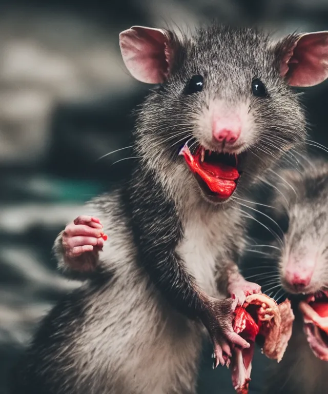 Image similar to high quality presentation photo of vicious anthropomorphic rats with sharp teeth eating meat, photography 4k f1.8 anamorphic bokeh 4k Canon Nikon