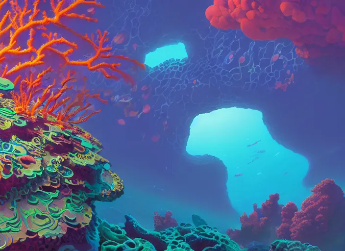 Image similar to a luminescent coral reef by paolo eleuteri serpieri and tomer hanuka and chesley bonestell and daniel merriam and tomokazu matsuyama and killian eng, unreal engine, high resolution render, featured on artstation, octane, 8 k, highly intricate details, vivid colors, vector illustration, rainbow colors