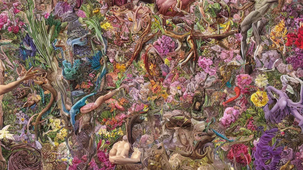 Prompt: highly detailed illustration of a human anatomy body with all the known species of flowers by juan gatti, by moebius!, by oliver vernon, by joseph moncada, by damon soule, by manabu ikeda, by kyle hotz, by dan mumford, by kilian eng