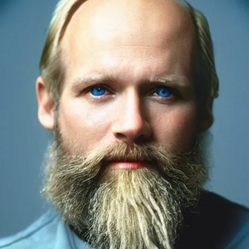 Image similar to color 35mm film still of a balding, middle aged blond man with a full blond beard and dark blue eyes, figure portrait