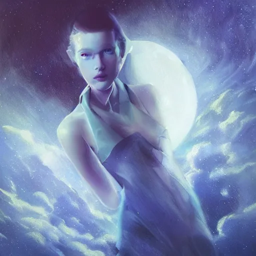 Prompt: sci - fi, 3 d, stars, fashion model face blue eyes, cinematic, clouds, moon rays, vogue cover style, poster art, blue mood, realistic painting, intricate oil painting, high detail illustration, figurative art, multiple exposure, water, 3 d, by tooth wu and wlop and beeple and greg rutkowski