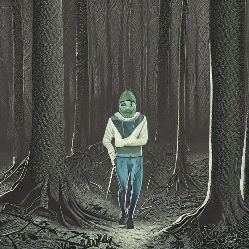 Image similar to hyper-detailed digital painting of a masked man in a dark forest