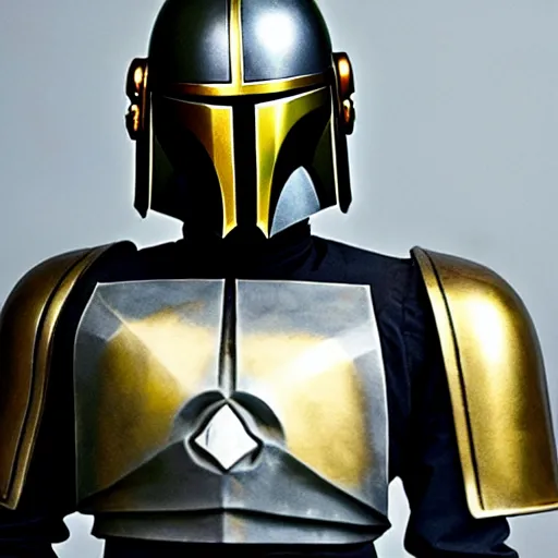 Prompt: Levi Ackerman wearing Mandalorian armor, holding his helmet. The armor is gray, red, gold, green, and white