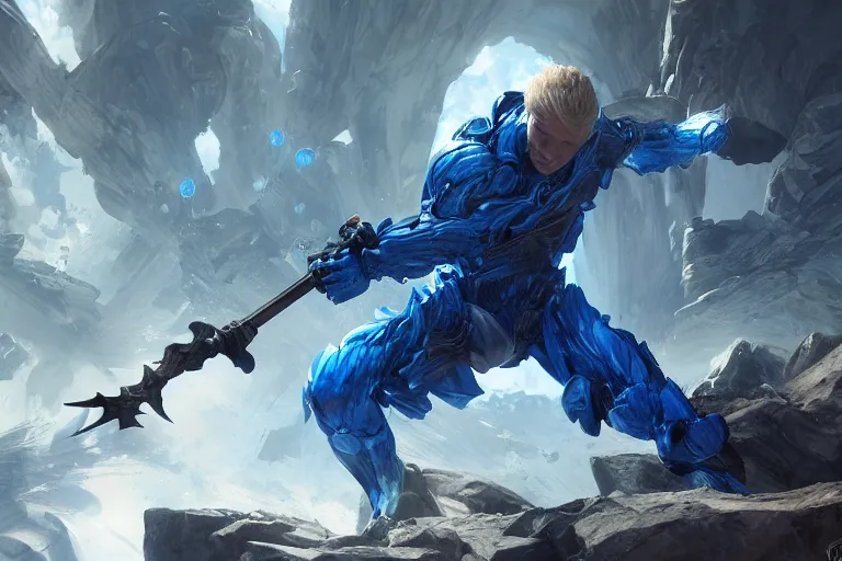 Image similar to a blonde man in a blue suit swinging a sword at a man in a crysis suit, d & d, heartstone, digital painting, volumetric light, intricate, sharp, focus, bloom, illustration, highly detailed, concept art, matte, ruan jia, randy vargas, greg rutkowski