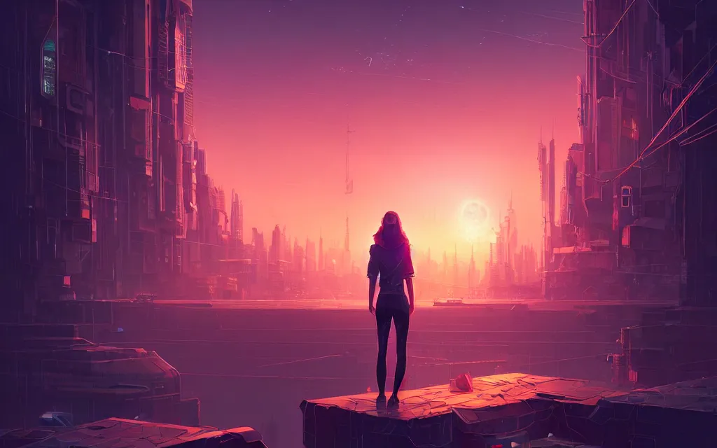 Prompt: girl staring at a meteorite hitting a floating cyberpunk city at night by wlop, low poly art, ultra detailed color art, high detail, digital art