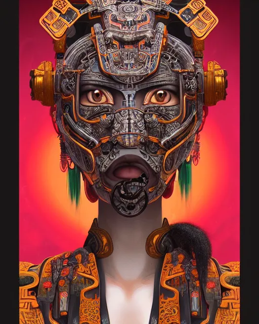 Image similar to portrait of a cyberpunk machine, machine face, upper half portrait, decorated with chinese opera motifs, african! fine china, traditional chinese art, intricate, elegant, highly detailed, symmetry, headpiece, digital painting, artstation, concept art, smooth, sharp focus, illustration, art by artgerm and greg rutkowski and alphonse mucha, 8 k