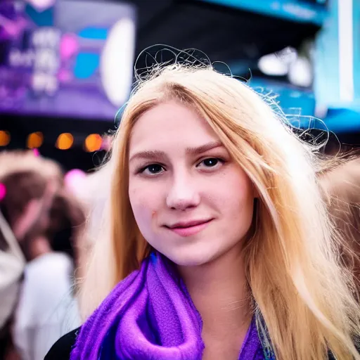 Prompt: ultra high resolution close - up of a very beautiful young woman with blond long hair, making up, standing in crowd of music festival, looking down at the camera. her face is partially obscured by a purple scarf, and she has a lovely smiling expression. the light is dim, and the colours are muted. kodak etkar 1 0 0.