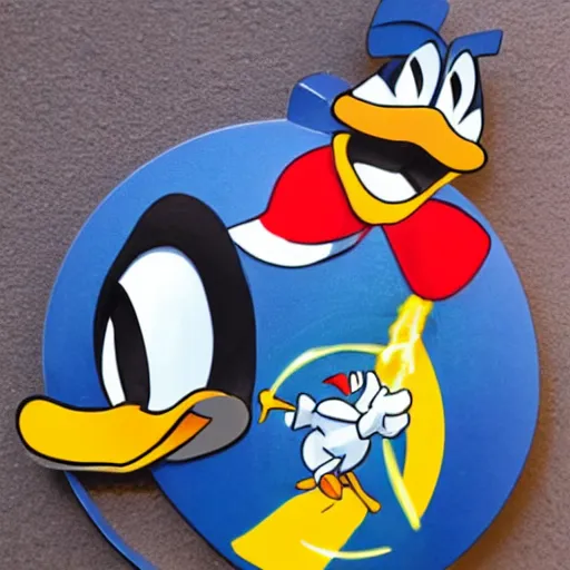 Image similar to donald duck hanging from a chopper with a lightsaber