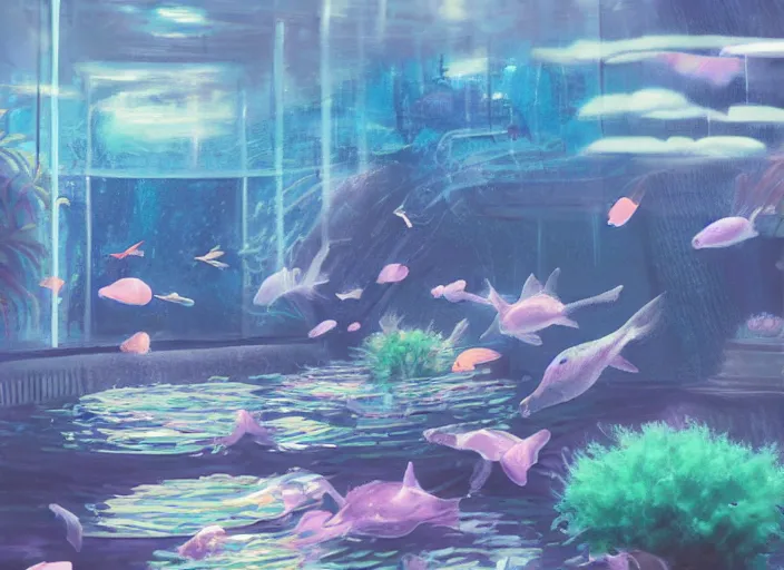 Image similar to placid pastel morning cozy moody cluttered painterly fluffy tiny cramped aquatic pet store, lots of aquariums, slanted ceiling, tiny space, particulate, trending on pixiv