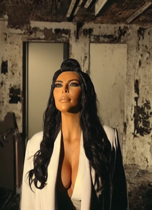 Image similar to film still of kim kardashian dressed as eazy e, derelict house, cinematic lighting, cinematic, rear pov,