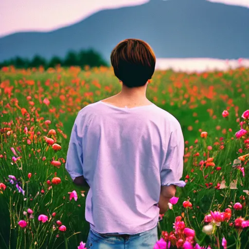 Image similar to kodak portra 4 0 0 photograph of a skinny guy standing in field of flowers, flower crown, back view, moody lighting, moody vibe, telephoto, 9 0 s vibe, blurry background, vaporwave colors, faded!,